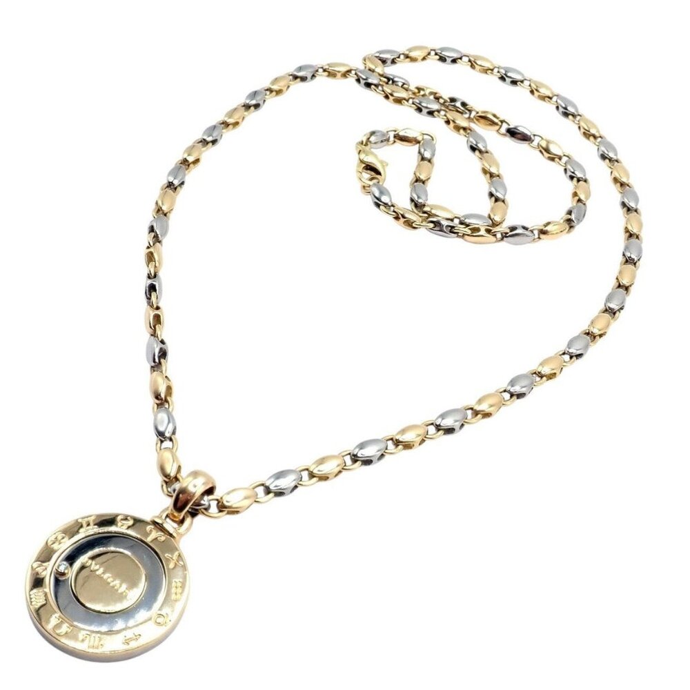 Authentic! Bulgari Bvlgari 18k Yellow Gold Steel Diamond Zodiac Pendant Necklace